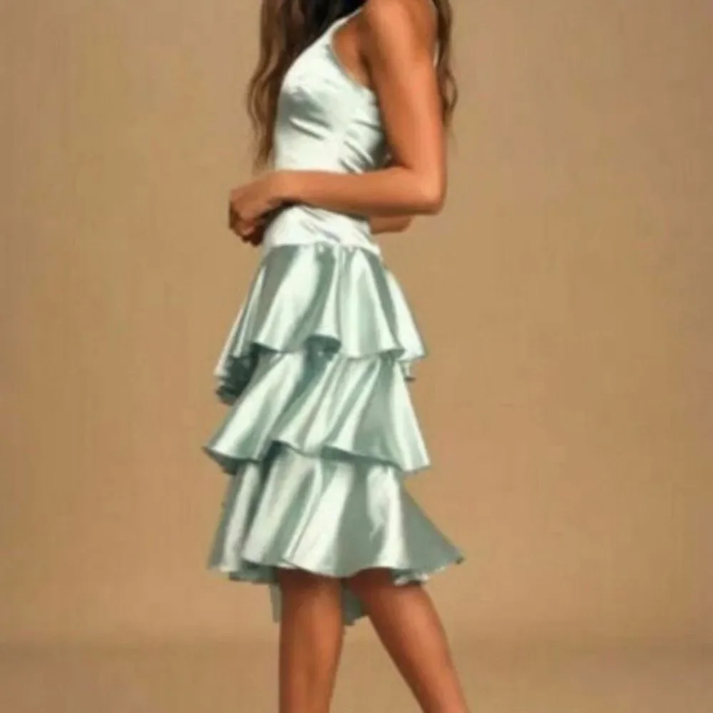Lulus Mint Blue Satin Tiered Asymmetrical Midi Dress - Picture 7 of 14